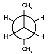Butane Newman projection in anti conformation, methyl groups 180 degrees apart