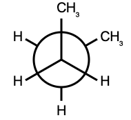 Butane Newman projection in gauche conformation, methyl groups 60 degrees apart