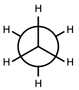 Ethane staggered Newman projection with front and back C-H bonds 60 degrees apart