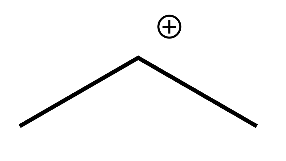 Carbocation, carbon with 3 bonds and no lone pair, positive charge shown