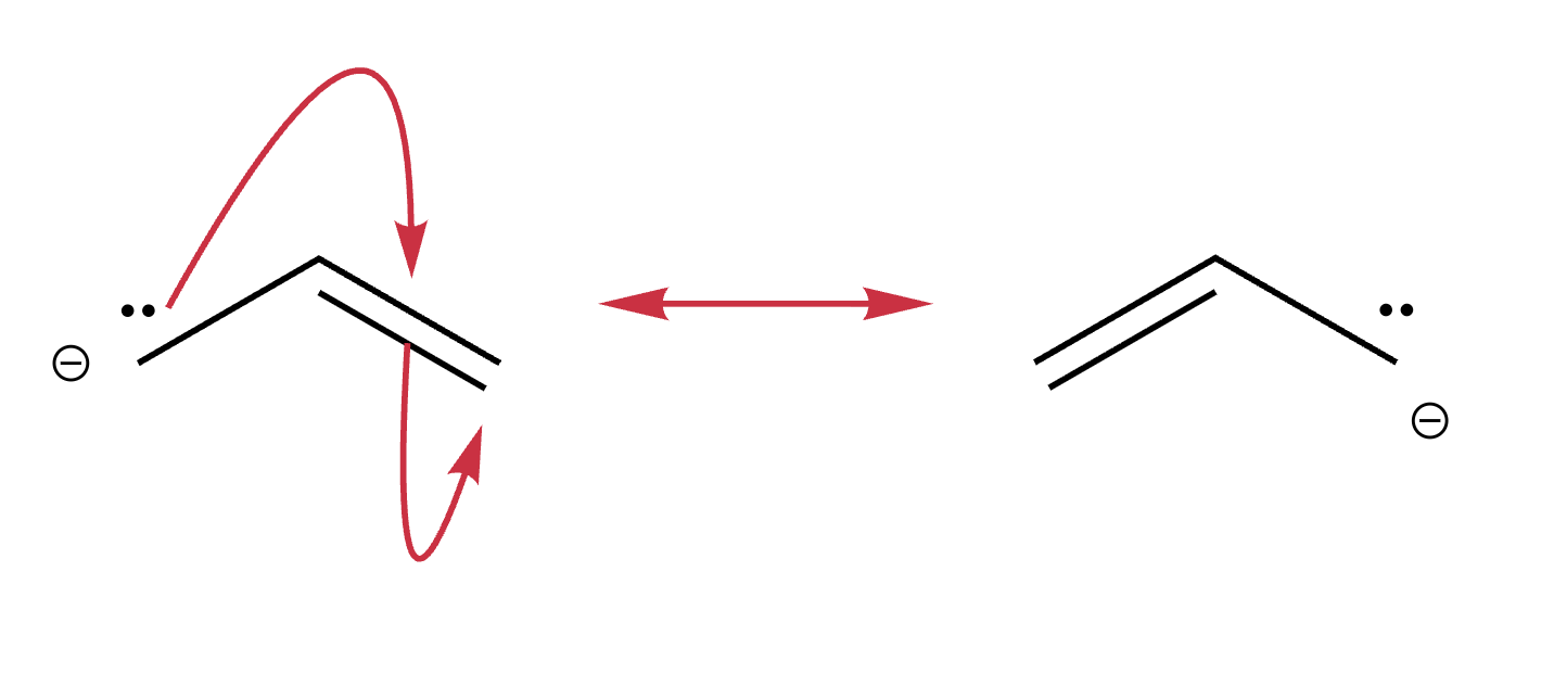 Curved arrow from a lone pair on oxygen into an adjacent pi bond