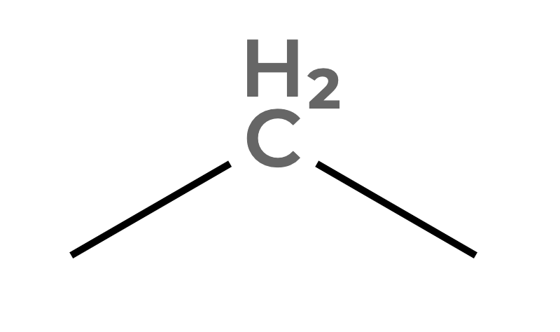 Incorrect bond-line drawing of a three-carbon chain where each carbon is explicitly labeled with the letter C
