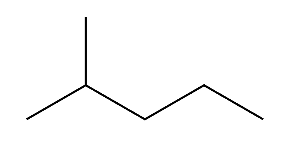 2-methylpentane — branched six-carbon bond-line structure with one methyl branch