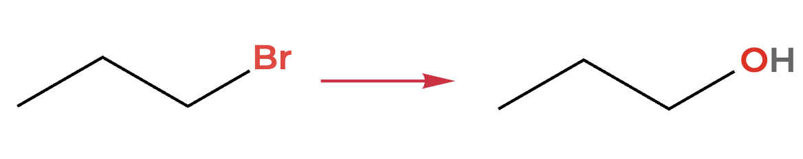 Substitution reaction: three-carbon chain with Br on the right becoming three-carbon chain with OH on the right, arrow between them