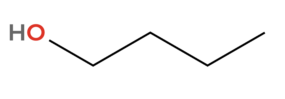 Butan-1-ol — four-carbon chain with OH written at the right endpoint