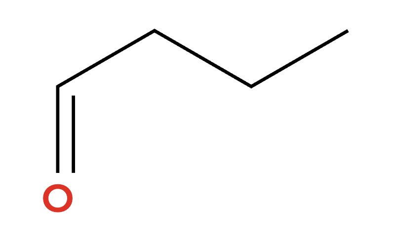 Butanal — four-carbon chain with C=O at the end carbon (aldehyde), oxygen shown above