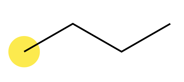 Butane chain with the leftmost terminal carbon marked or circled