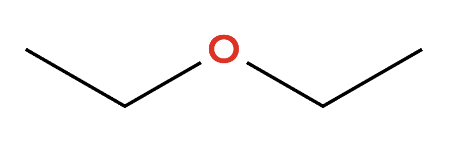 Diethyl ether — two-carbon chain, oxygen in the middle, two-carbon chain, written as ethyl-O-ethyl bond-line