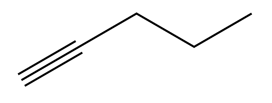 Pent-2-yne — five-carbon chain with a C≡C triple bond drawn straight between C2 and C3